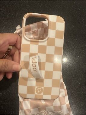 iPhone 14 Pro Checkerboard Beige & White Phone Case with Hand Strap